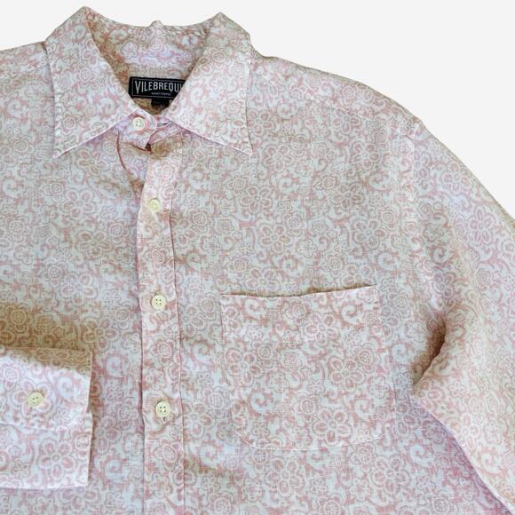 Vilebrequin Sz XXL Pink White Button Up 100% Linen Flax Long Sleeve Shirt Pocket - Picture 5 of 13